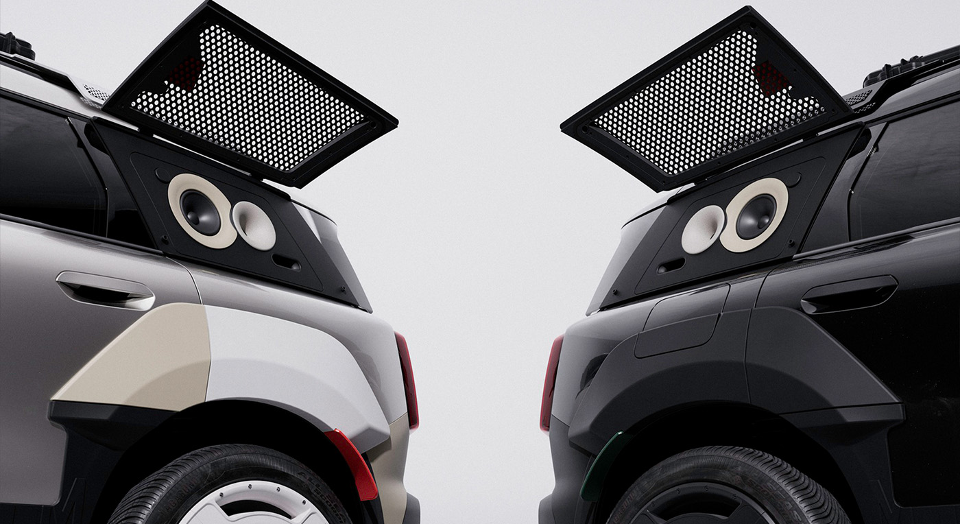 Two futuristic car rears with open, perforated tailgates. The vehicles, one silver and one black, feature circular speaker designs, creating an innovative, techy vibe.